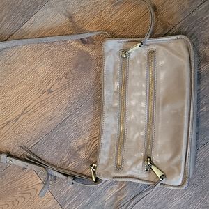 Hobo brand small cross body bag, tan/khaki leather, bohemian style